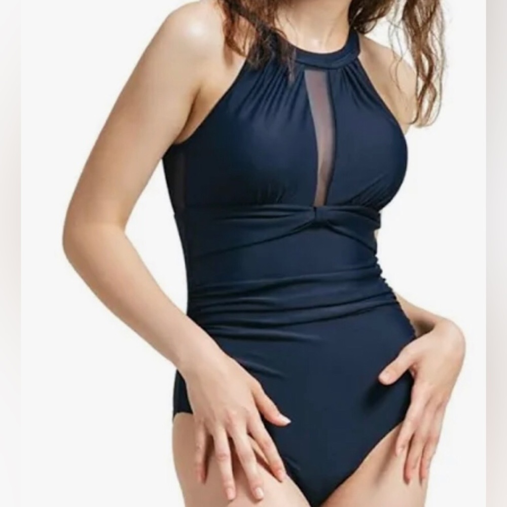 New Women’s one piece high neck mesh plunge black swimsuit by Souqfone. Size M.